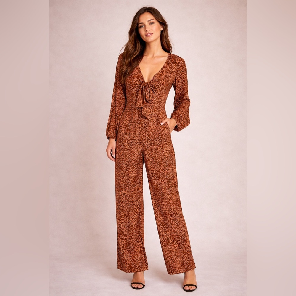 ✨ L*Space Danika Jumper Leopard Print Long Sleeve Wide Leg Jumpsuit Sz‎ S NWT ✨